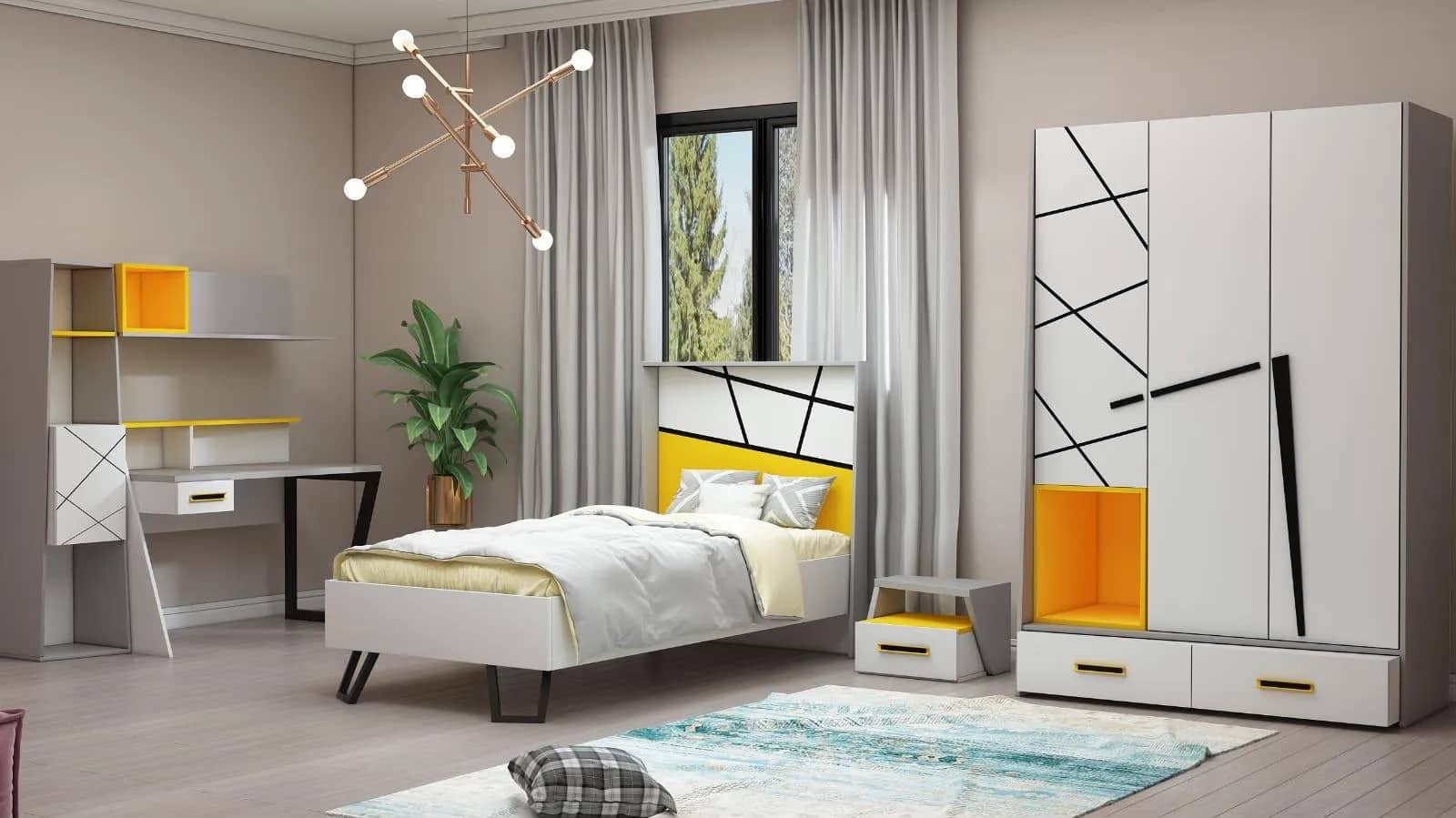 Beyaz sarı geometrik desenli genç odası takımı; karyola, gardırop ve çalışma masası