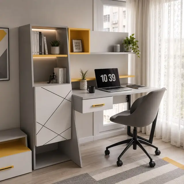 Modern genç odası çalışma masası ve raf ünitesi