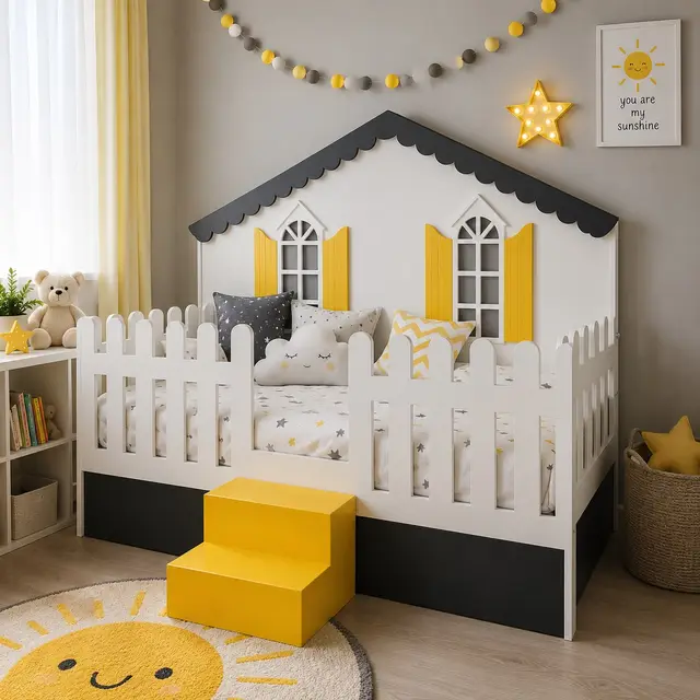 Beyaz sarı montessori ev karyolalı çocuk odası