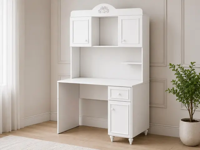 Beyaz üst raflı genç odası çalışma masası