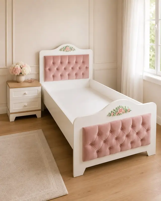 Pembe kapitone başlıklı genç kız karyolası